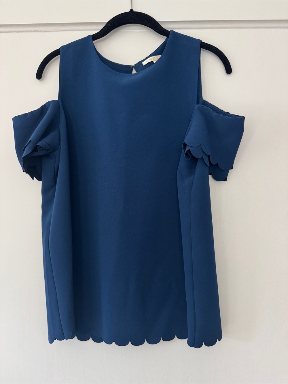Scallop-Trim Cold-Shoulder Blouse in Deep Blue, Cooper and Ella brand. Size M
